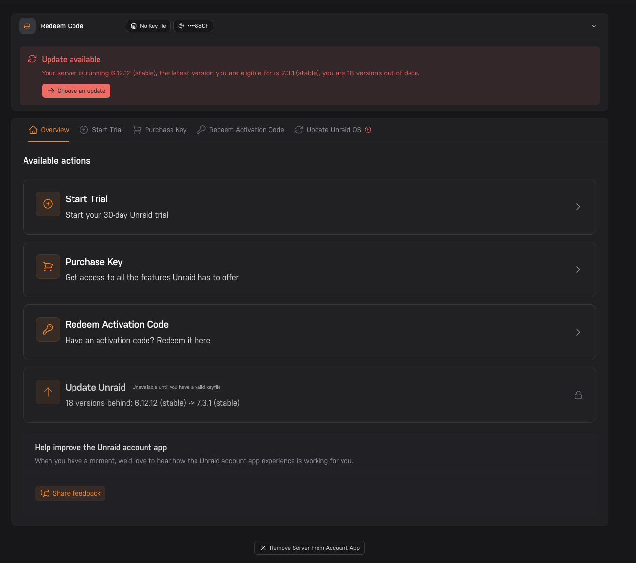 Account app overview showing Redeem Activation Code as an available action